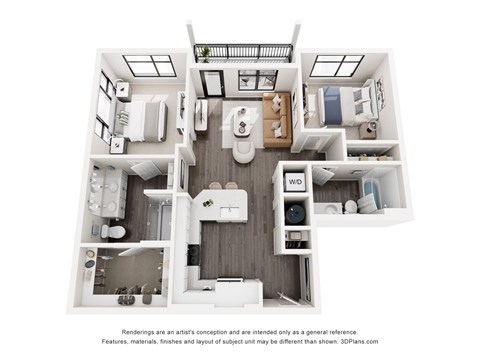 Floor plan for 2 beds, 2 baths, 960 sqft